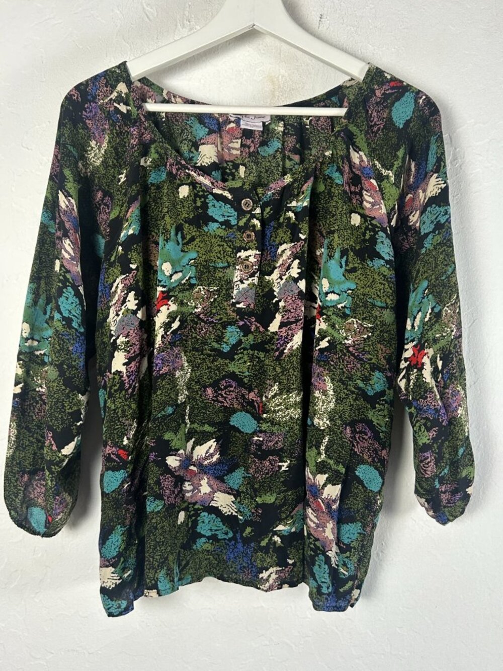 Anthropologie Bayla Jane Womens XS Multicolor Floral Silk Blouse Top 3/4 Sleeve